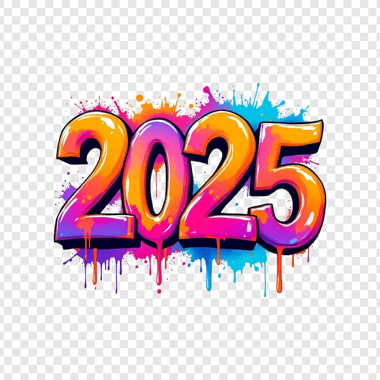 PSD feliz año nuevo 2025 con diseño de tipografía de números coloridos en un archivo png de fondo transparente
