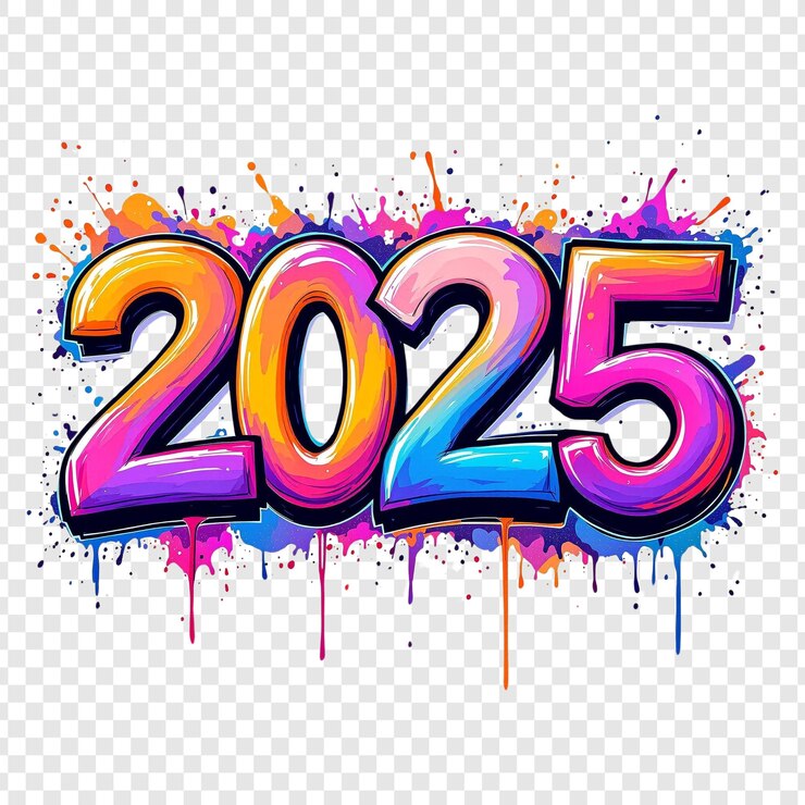 PSD feliz año nuevo 2025 con diseño de tipografía de números coloridos en un archivo png de fondo transparente