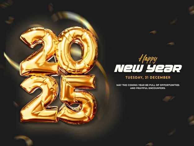 Feliz año nuevo 2025 globo de papel dorado 3d Render Template