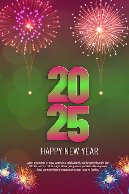 Feliz año nuevo 2025 tarjeta de felicitación de celebración con confeti colorido y reflejo de los colores en