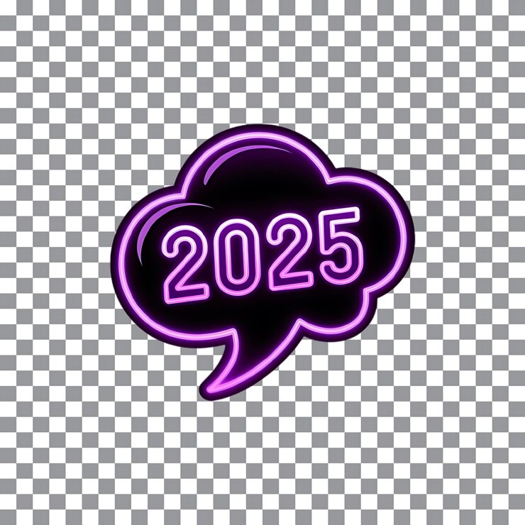 PSD feliz año nuevo 2025 texto en burbuja de discurso de neón brillante gráficos de año nuevo
