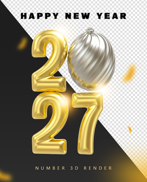 Feliz año nuevo 2027 - Números dorados y adornos de plata 3D Render