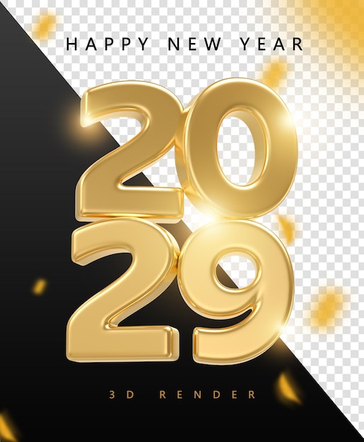 Feliz año nuevo 2029 Render 3D Celebración dorada