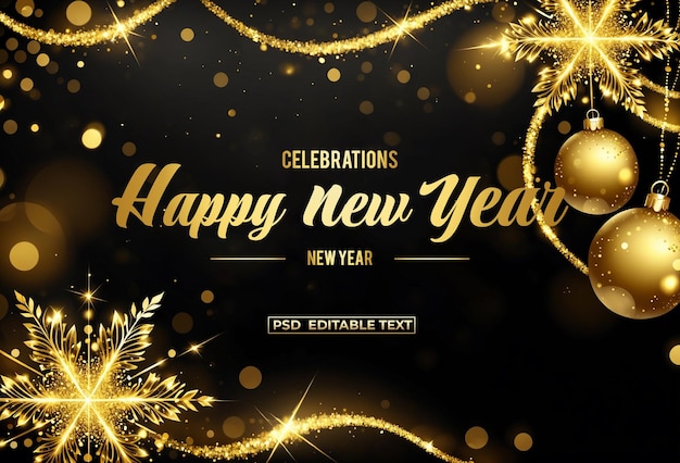 Feliz año nuevo celebración dorada fondo texto editable psd