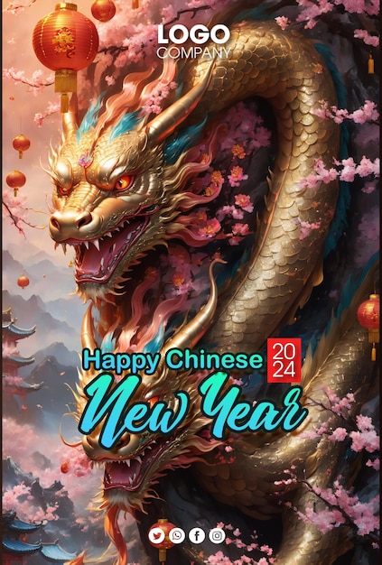 PSD feliz año nuevo chino 2024: el signo del zodiaco del dragón con elementos asiáticos