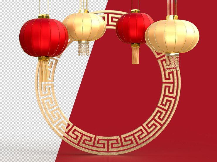 PSD feliz año nuevo chino. elementos de diseño realistas, farolillos colgados con decoración china. diseños de maquetas de estilo asiático oriental. representación 3d