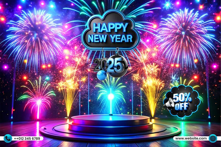PSD feliz año nuevo diseño de fondo de exhibición del podio de productos promocionales