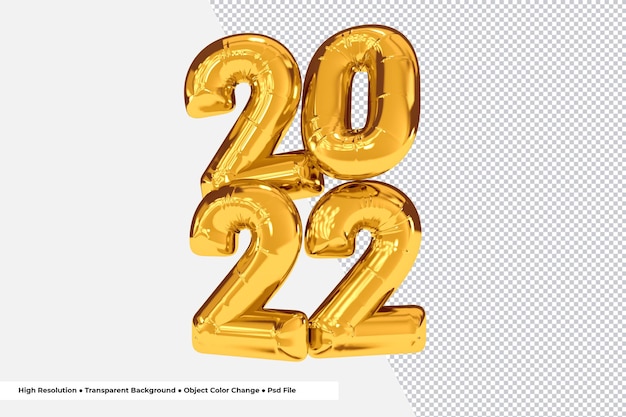 Feliz año nuevo dorado número 2022 globos render 3d