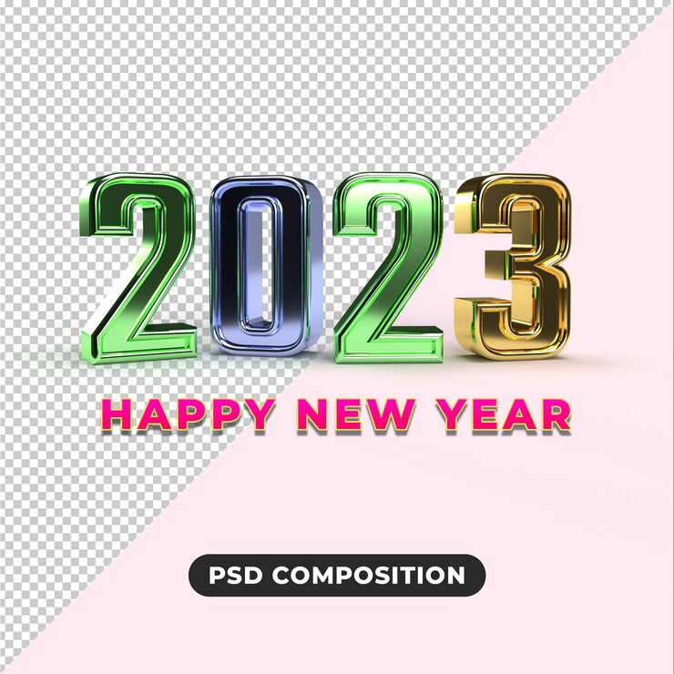 PSD feliz año nuevo efecto de texto dorado 3d 2023