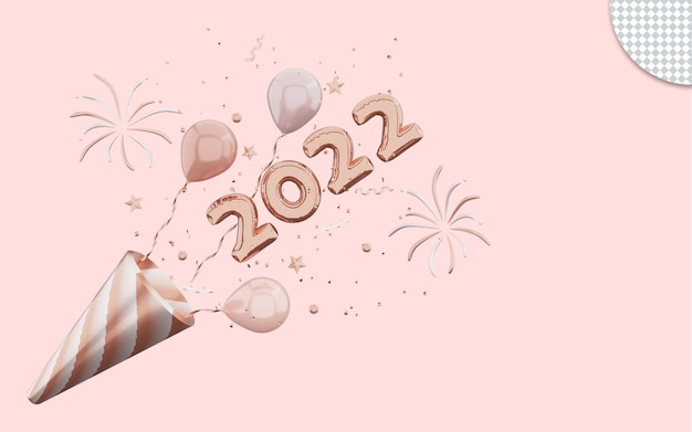 Feliz año nuevo con fuegos artificiales y confeti de cono de popper de fiesta