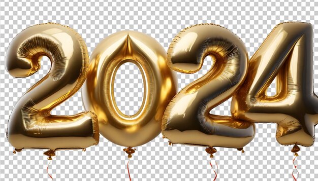 Feliz año nuevo globos de helio dorados 2024 con fondo transparente