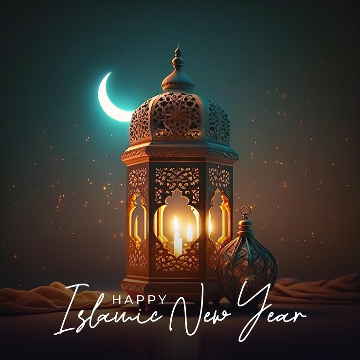 Feliz año nuevo islámico en las redes sociales con fondo de linterna árabe