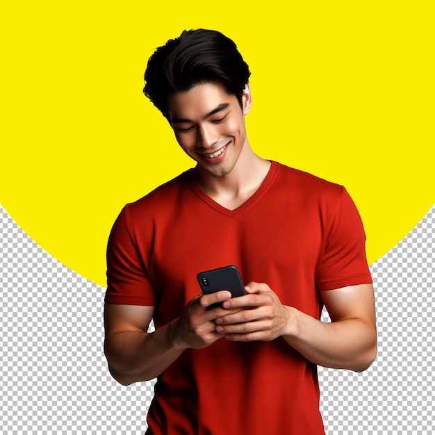 PSD feliz asiático hombre guapo sonriendo usando teléfono comprobar finanzas citas en línea charla fondo transparente