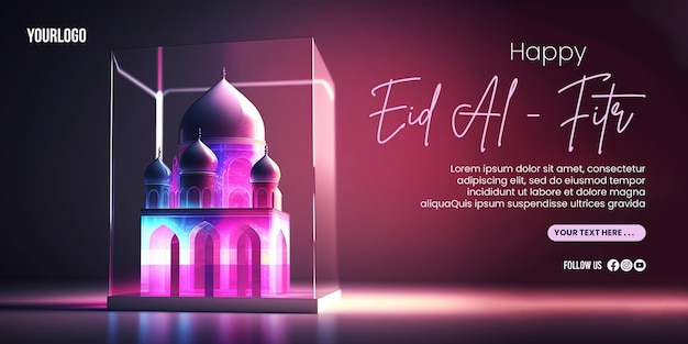 PSD feliz banner de eid alfitr con un fondo de mezquita