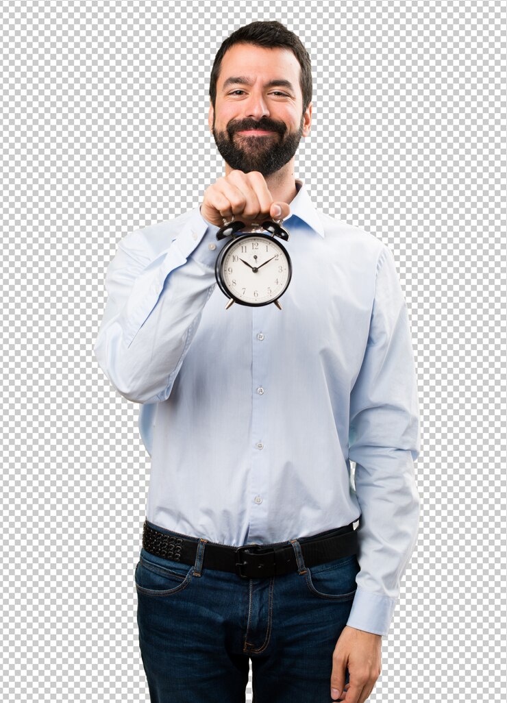 PSD feliz, bonito, homem, com, barba, segurando, relógio vintage