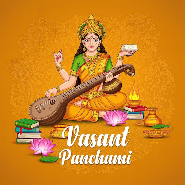 Feliz cartão de saudação de Vasant Panchami e posta de Maa Saraswati Pooja com texto e fundo de Sitar