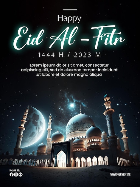 feliz cartel de eid al fitr con fondo de mezquita y luna creciente