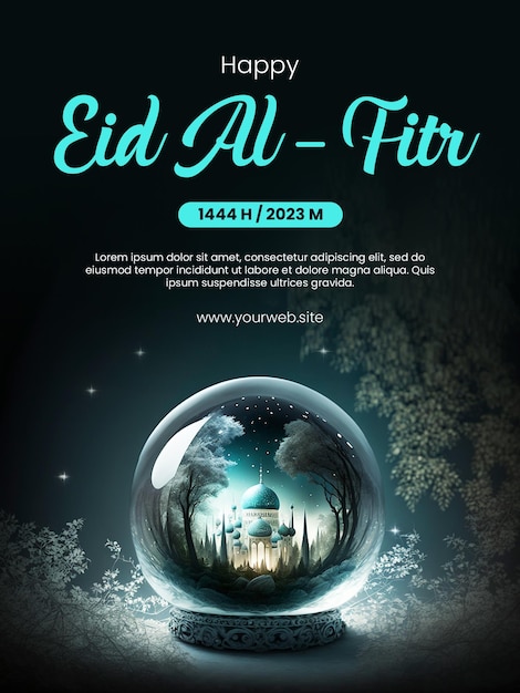 Feliz cartel de saludo de eid alfitr con un fondo de mezquita dentro de una bola de cristal