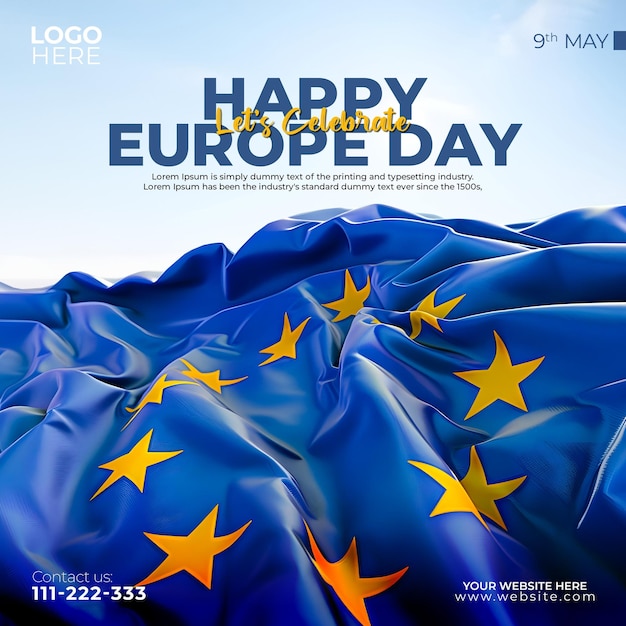 Feliz celebração do dia da europa 9 de maio post de mídia social e modelo de design de banner