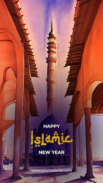 Feliz celebração islâmica do ano novo, encantadora ilustração em aquarela de um hipnotizante banner de mesquita