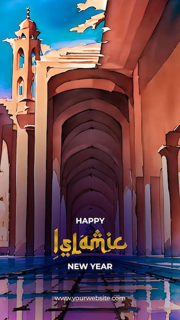 Feliz celebração islâmica do ano novo, encantadora ilustração em aquarela de uma mesquita hipnotizante