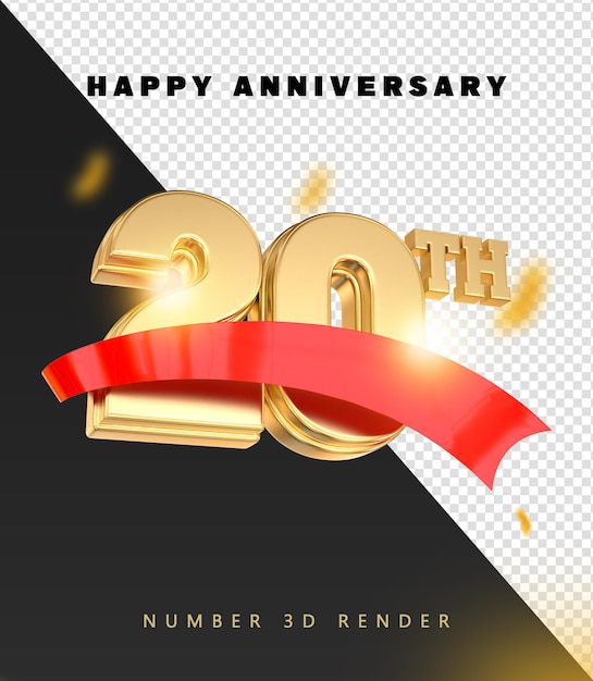 Feliz celebración del 20o aniversario con número de oro y cinta roja