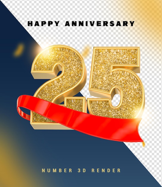 Feliz celebración del 25 aniversario Números de oro y cinta roja Renderizado en 3D