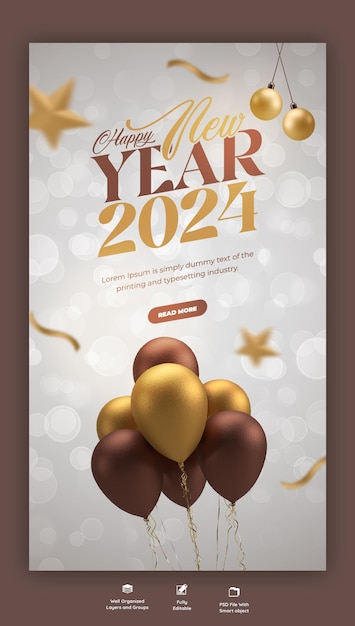 Feliz celebración del Año Nuevo 2024 Diseño de post de historia de Instagram y Facebook o plantilla de banner