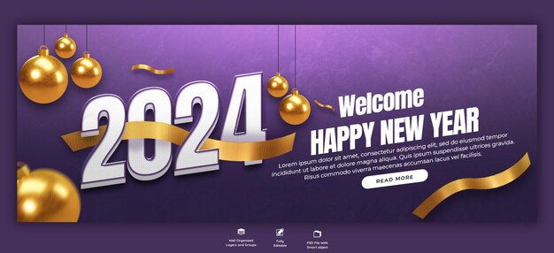 PSD feliz celebración del año nuevo 2024 plantilla de diseño de post de portada de facebook