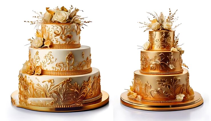 Feliz celebración de la boda gran pastel de lujo ultra detalles de oro imágenes de decoración aisladas en
