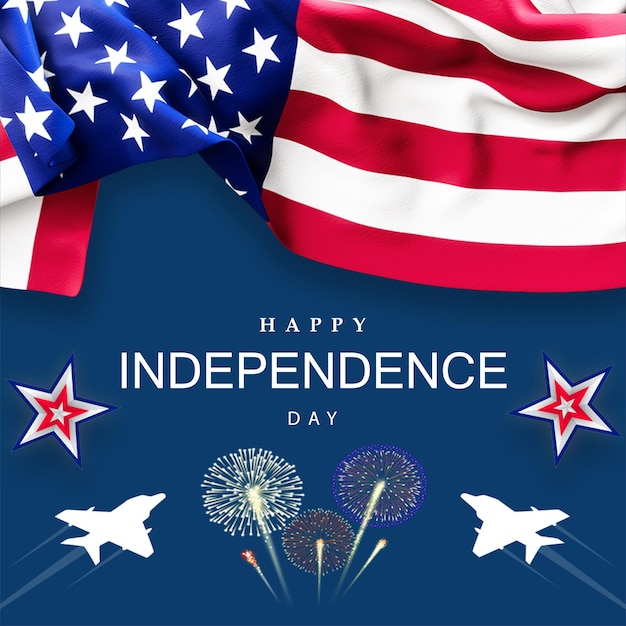 Feliz celebración del Día de la Independencia con bandera estadounidense y fuegos artificiales