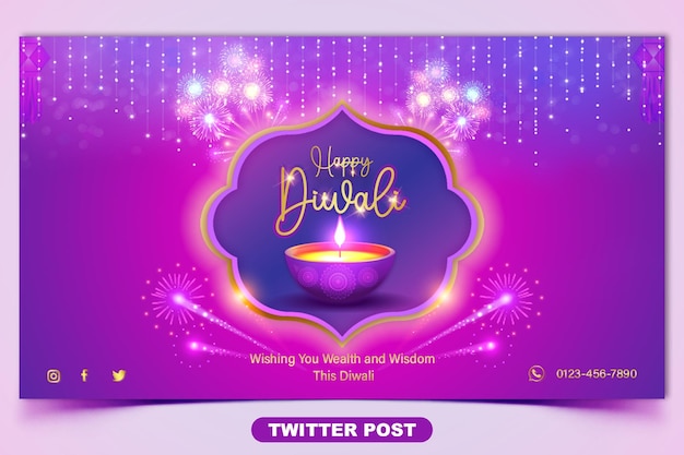 Feliz celebración del festival Diwali con plantilla de publicación de twitter diya en llamas