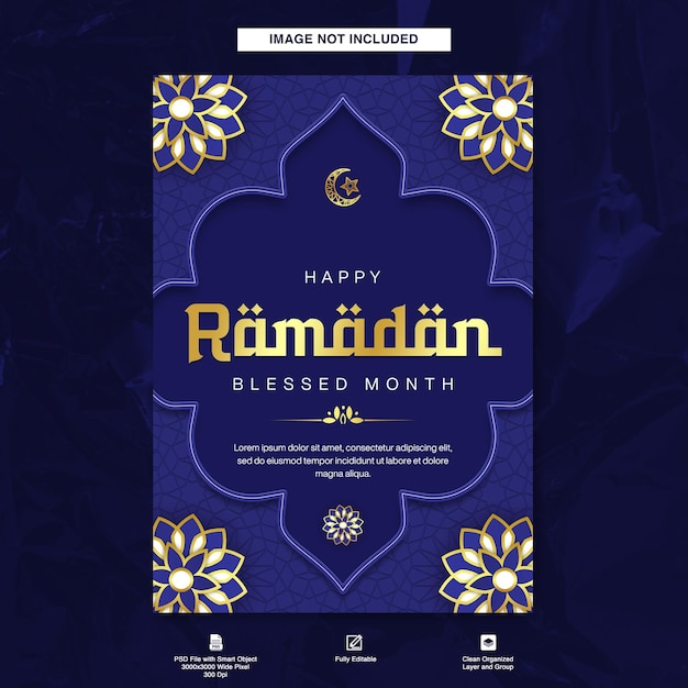 Feliz celebración islámica del Ramadán Diseño de plantilla de volante de fondo azul