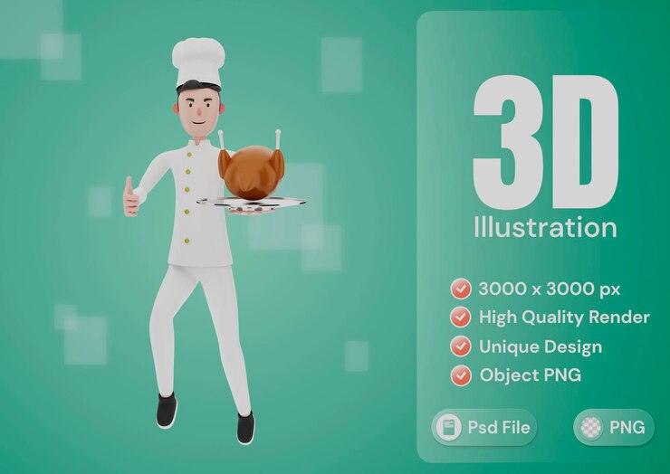 PSD feliz, chef, 3d, ilustración