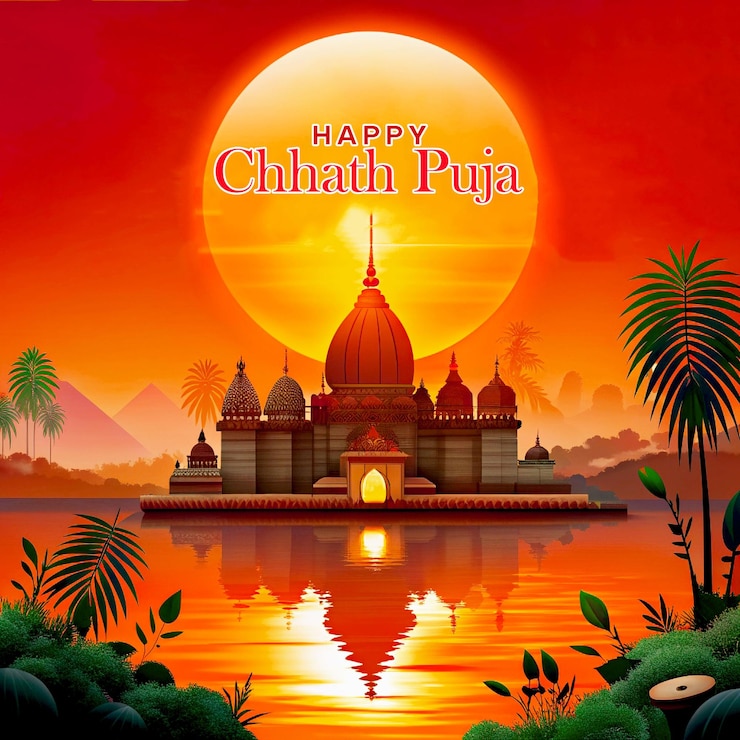 PSD feliz chhath puja fondo de vacaciones para el festival del sol de la india con el fondo del templo