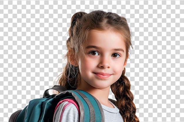 PSD feliz chica estudiante inteligente con libro y bolsa en fondo blanco aislado