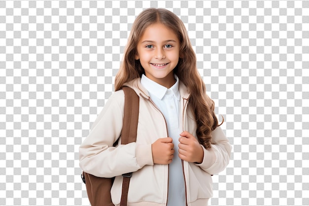 PSD feliz chica estudiante inteligente con libro y bolsa en fondo blanco aislado