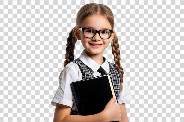 PSD feliz chica estudiante inteligente con libro y bolsa en fondo blanco aislado