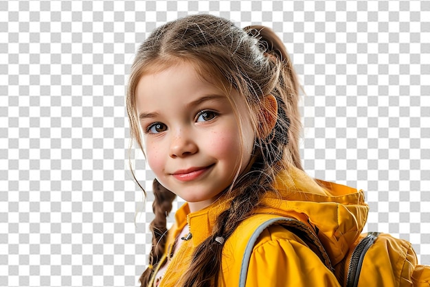 PSD feliz chica estudiante inteligente con libro y bolsa en fondo blanco aislado