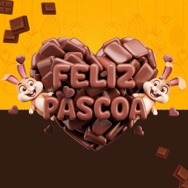 Feliz corazón de chocolate de Pascua con conejitos