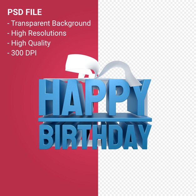 Feliz cumpleaños con arco y cinta de diseño 3d sobre fondo aislado
