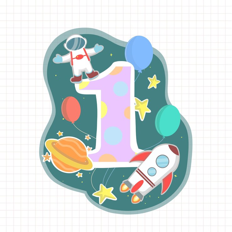 PSD feliz cumpleaños número uno con planet astronaut rocket y globos