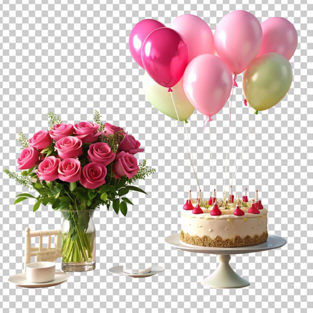 PSD feliz cumpleaños un ramo de rosas un pastel de fondo transparente