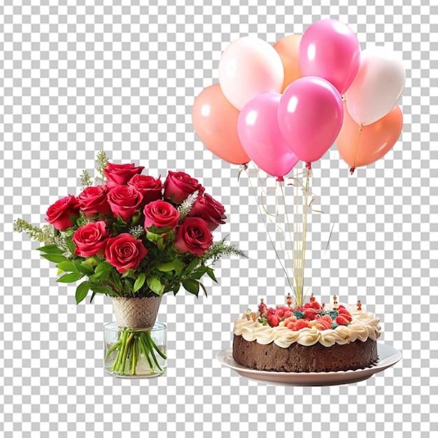 PSD feliz cumpleaños un ramo de rosas un pastel de fondo transparente