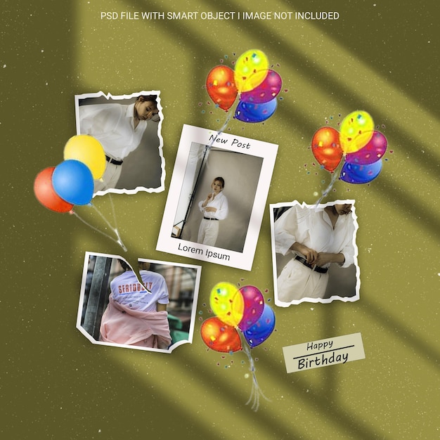 Feliz cumpleaños con superposición de sombras minimalistas marco de fotos maqueta de polaroid con globo premium Psd