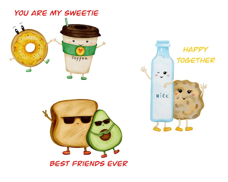 PSD feliz desayuno de dibujos animados, café lindo, rosquilla y aguacate, tostadas para amigos, día de san valentín, diseño divertido.