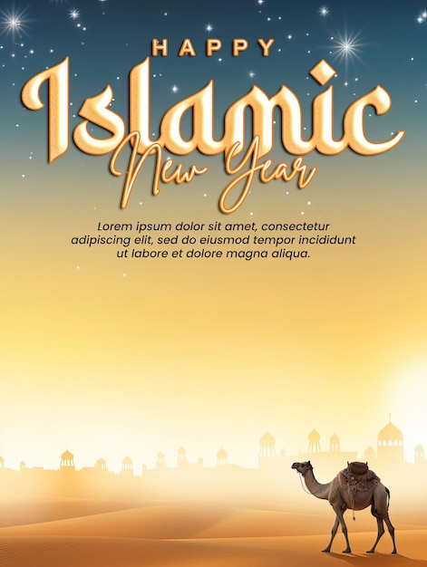Feliz design de modelo de cartaz de saudação de ano novo islâmico com fundo de camelo no deserto e mesquita