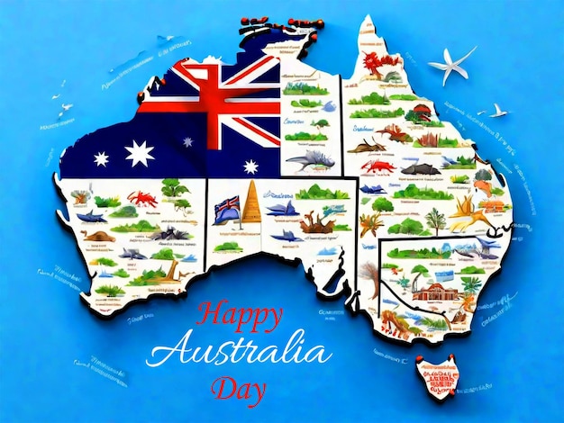 PSD feliz día de australia con letras mapa de australia con bandera