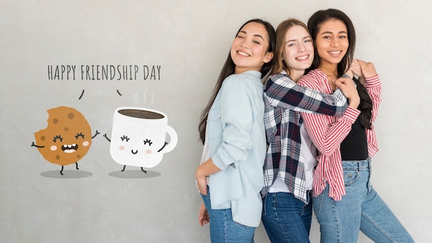 PSD feliz dia da amizade. mulheres jovens, melhores amigas, celebrando o dia da amizade