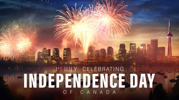 PSD feliz dia da independência do canadá cartaz conceito com vista noturna da cidade e fogos de artifício